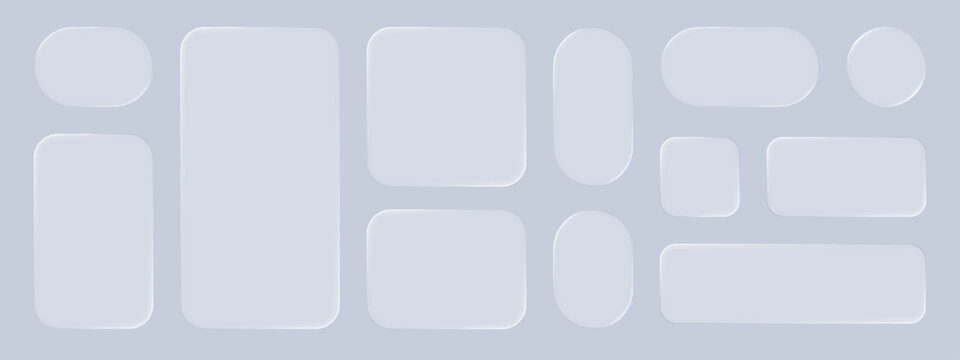 Set of liquid glass morphism elements. Frosted acrylic shapes and buttons with soft blur and light reflection. UI design kit for modern websites, mobile applications and digital interfaces.