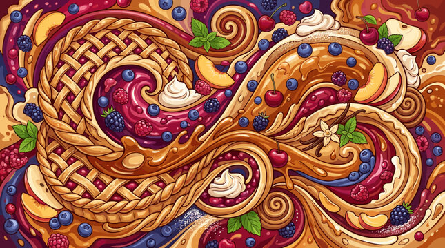 Colorful illustration featuring lattice fruit pies with fresh berries, cherries, peaches, whipped cream and flowing caramel. Perfect for bakery backgrounds, menus, or food design.