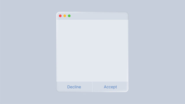 Liquid glass morphism computer window with accept and decline button. Modern user interface element with frosted blur effect. Minimalist digital popup for web design and application.