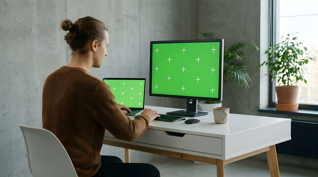 Man sitting at desk with two green screen monitors and computer equipment in modern office setting with plants