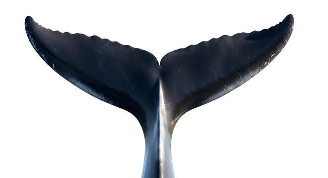 Majestic dark humpback whale tail fluke rising gracefully from the deep blue ocean water isolated against a plain on white background