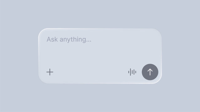 Chat interface with liquid glass morphism effect. Modern input field for artificial intelligence prompt. User experience design element for mobile application and web dashboard.