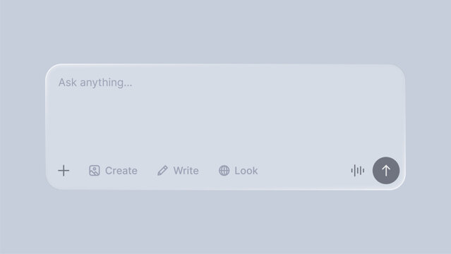 Chat interface with text input field and voice assistant control. Liquid glass morphism user interface element. Digital prompt box for artificial intelligence query and chat bot concept.