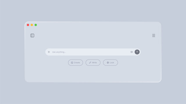Interface of an artificial intelligence chat application with glass morphism style. Modern software window with a prompt search bar, creative tool buttons, and minimal ui design.