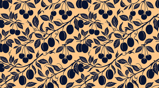 A vintage seamless pattern featuring dark blue cherry and plum branches on a light beige background. Perfect for textile design, wrapping paper, wallpaper, and organic food branding.
