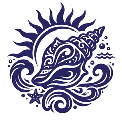 Fototapeta premium Ornate sea shell with sun rays and ocean waves seashell starfish nautical vacation illustration decorative silhouette isolated background underwater tropical