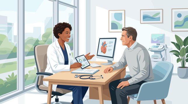 Female doctor talking to a male patient in a modern office, using a tablet to explain results with heart imagery on computer screen. Illustrative, professional, healthcare.