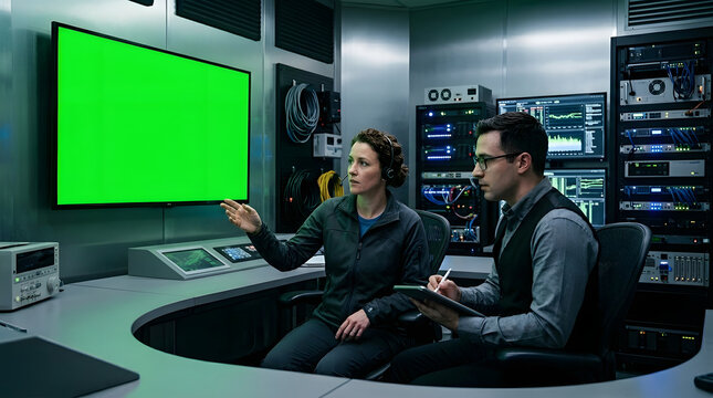 Two technicians sitting in a control room with a large green screen on the wall and various computer equipment