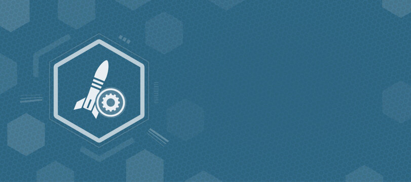 This digital illustration features a rocket icon integrated with technical settings, providing ample copy space for custom text in a professional, modern blue-themed technology design.