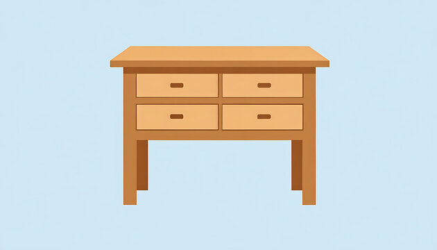 Wooden dresser with four drawers, simple furniture design on a light blue background, clean lines, storage solution illustration