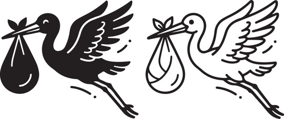 Fototapeta premium Stork carrying baby bundle vector icon set, newborn delivery bird silhouette, baby shower stork delivery illustration, maternity announcement bird with bag, flat vector stork clipart black and white, 