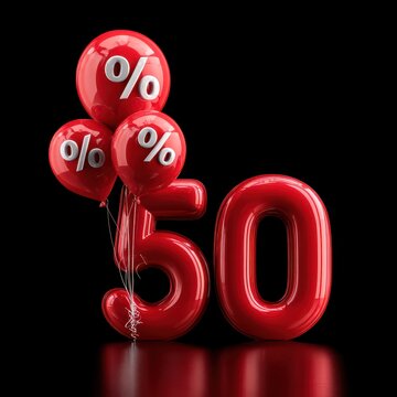 Glossy Red 3D Rendering of 50 Percent with Balloons