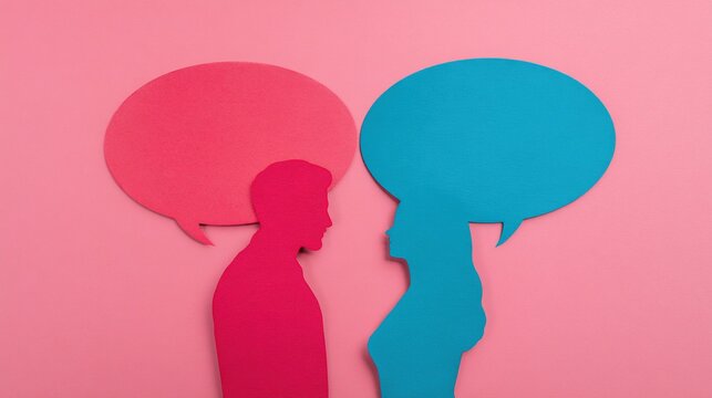 Silhouettes of a man and woman face each other with speech bubbles above on a pink background, symbolizing communication or conversation.