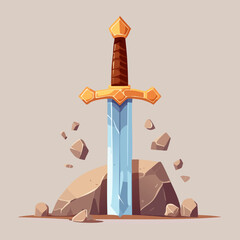 royal sword stuck inside rock boulder sacred heritage weapon hero selection interface icon vector illustration for fantasy tactical board game © firstprincess