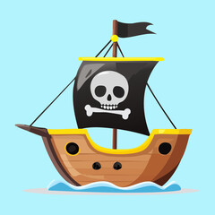 miniature wooden pirate ship sailing vessel with black jolly roger flag nautical adventure element vector illustration for strategy sea battle game © firstprincess