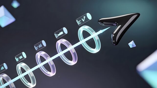 Glossy black arrow crossing holographic rings - Ideal for tracking campaign milestones, business growth or target achievement.