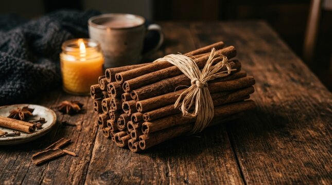A rustic bundle of cinnamon sticks tied with natural raffia twine resting on a dark wooden table in a cozy room, creating a warm atmosphere with a glowing candle and a mug in the background.