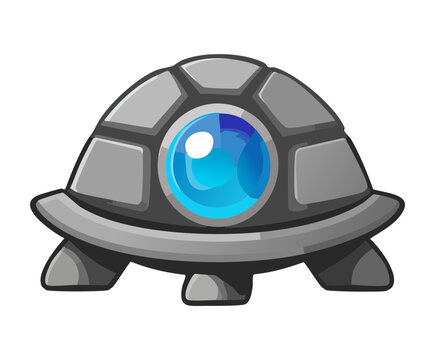 Armored metal cyborg turtle robot with blue glowing power core eye lens for futuristic sci-fi battle arcade mobile strategy game