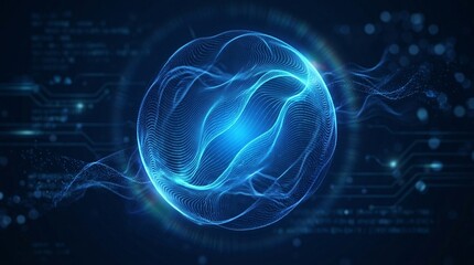 Obraz premium Blue Energy Glowing Sphere Futuristic Atom from Electric Magic Particles and Energy Waves – Abstract Purple and Blue Digital Technology Science Background Stock Video 4K