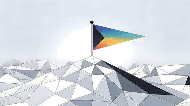 Minimalist geometric flag at peak of digital mountain - Perfect for market dominance, technological advancement, or business leadership.