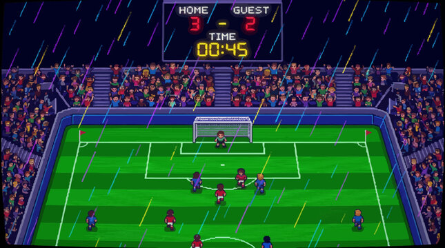 Retro soccer game, pixel art football field, vintage sports video game, rainy stadium scene