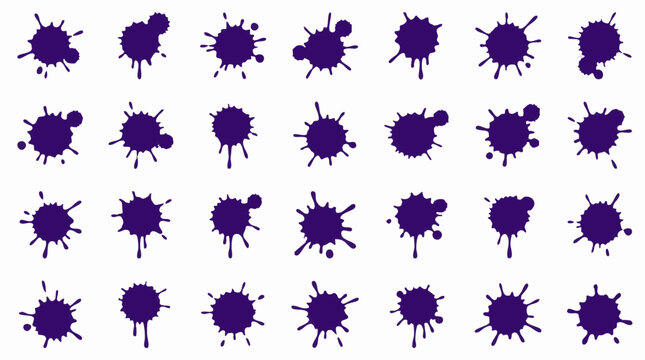 Set of dark purple ink splatters, paint blots, and splashes on a white background