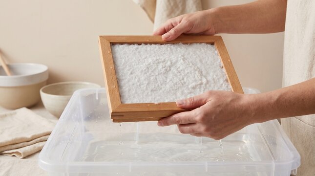 Close-up of a person's hands holding a wooden deckle with wet paper pulp while making handmade recycled paper in a studio.
