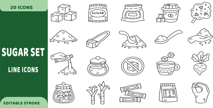 Sugar vector icons. Sweetener line signs set. Sugar cube icon. Saccharine cane, beet, and bowl signs