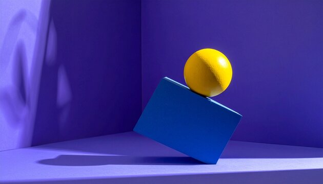 Bright yellow sphere balanced on blue triangular prism against vivid purple background