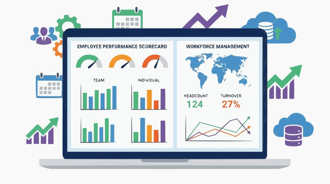Employee performance scorecard and workforce management dashboard on a laptop screen with global data and growth charts