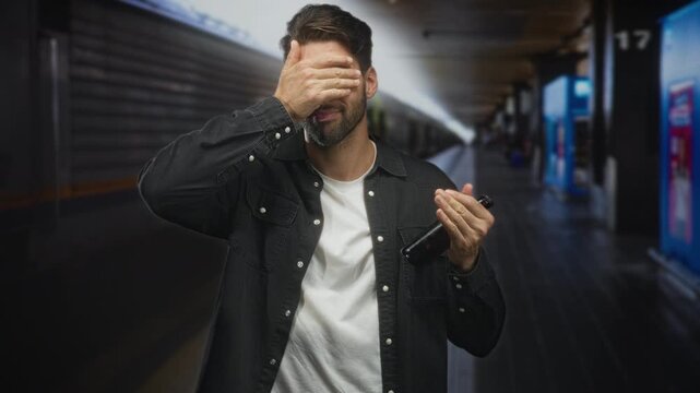 Hispanic man holding beer bottle covers eyes with hand on train platform inside building; embarrassment late commute.