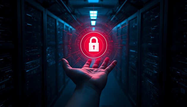 Data Security Concept with Digital Lock Interface in Modern Server Room