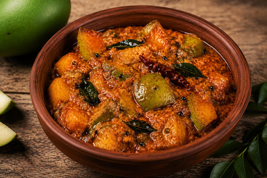 Traditional Spicy Raw Mango Pickle with Mustard Seeds and Curry Leaves in Clay Bowl