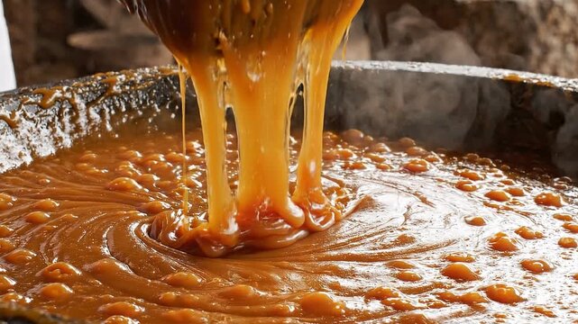 AI generated cinematic video of stirring thick boiling jaggery paste with a traditional wooden paddle in a large cauldron, making organic cane sugar syrup