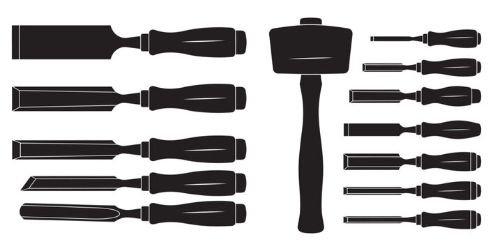 A collection of black silhouette chisels and a mallet on transparent background