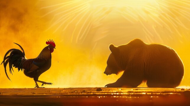Sunset bathes a rooster and bear in golden light. Rooster stands alert, crowing defiantly. Bear crouches low, observing with calm intensity. Their contrasting stances create a powerful standoff