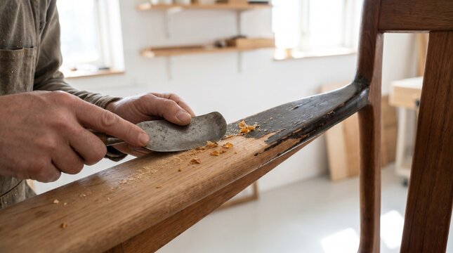 Carpenter using a hand scraper tool to remove old varnish and restore a wooden chair in a professional workshop.