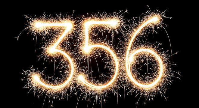Vibrant sparklers create glowing, illuminated number 356 on a pitch-black backdrop, ideal for celebrations or digital designs.
