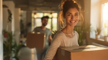 Happy young couple relocating to new apartment and carrying moving boxes, rent real estate or homeownership concept © Song_about_summer