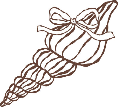 Cute hand drawn spiral horn shell with ribbon bow outline illustration