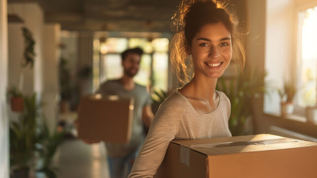 Happy young couple relocating to new apartment and carrying moving boxes, rent real estate or homeownership concept