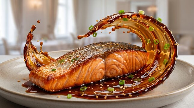 Teriyaki salmon fillet with glossy glaze, sesame seeds, scallions and rich seafood texture. Isolated on White background
