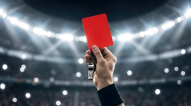 Football Referee Holding Red Card and Whistle Under Stadium Floodlights