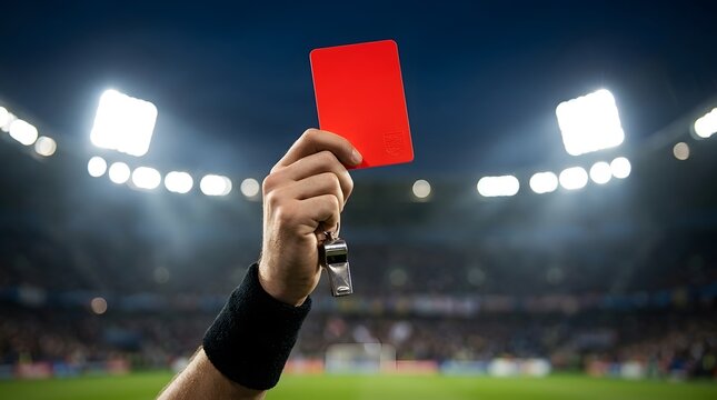 Football Referee Holding Red Card and Whistle Under Stadium Floodlights