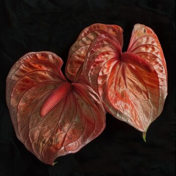 Richly colored anthurium leaves glow against black cloth. Pinkish-red veins add texture and depth to the petals. Spiky spadix centers peek out, bold and inviting