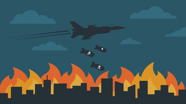 Military fighter jet dropping bombs on a city engulfed in flames