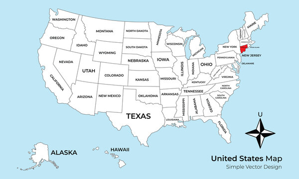 A simple vector political map of the United States of America with all 50 states labeled. The state of Connecticut is highlighted in red on a light blue background.