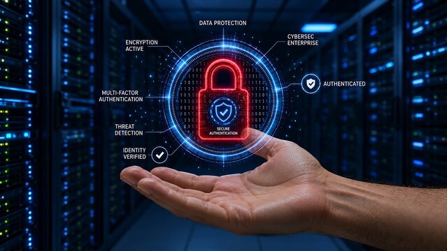 Multi Factor Authentication Cybersecurity Concept in Server Room