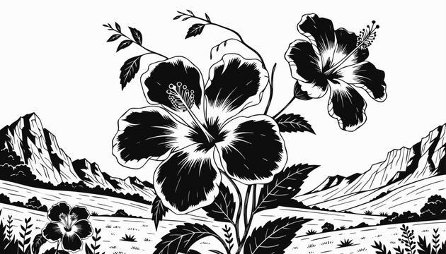 Very beautiful black-and-white engraved vector illustration featuring Hibiscus flowers blooming in a natural landscape, with large prominent blossoms, elegant foliage, rolling meadows, distant mountai