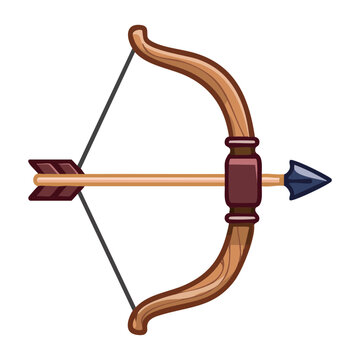 Traditional brown wooden bow with targeting arrow ready to shoot for historical tactical battle game mobile application asset design